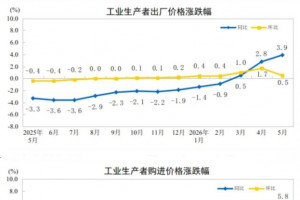 2026年5月PPI同比上涨3.9%,CPI同比上涨1.2%